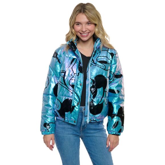 New Disney Women's Jacket Puffer Mickey Minnie Goofy Donald Puffy Coat Shiny - Picture 1 of 9